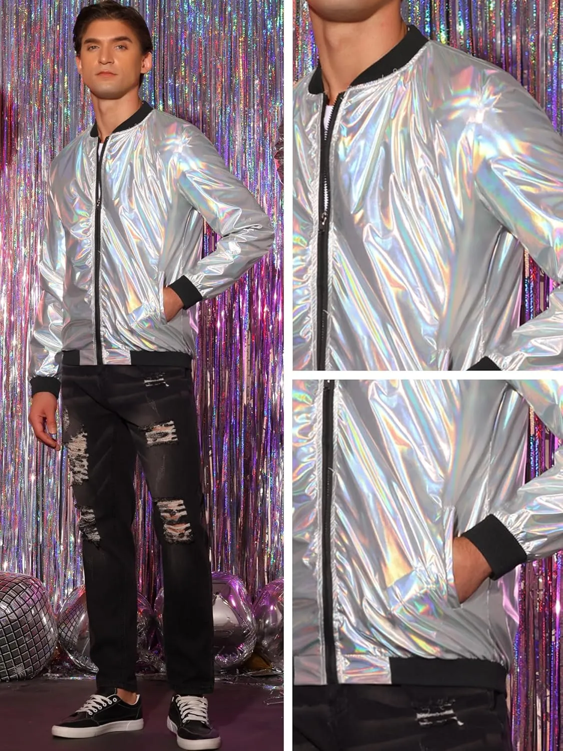 Lars Amadeus Holographic Baseball Jacket for Men's Zipper Disco Bomber Metallic Jacket