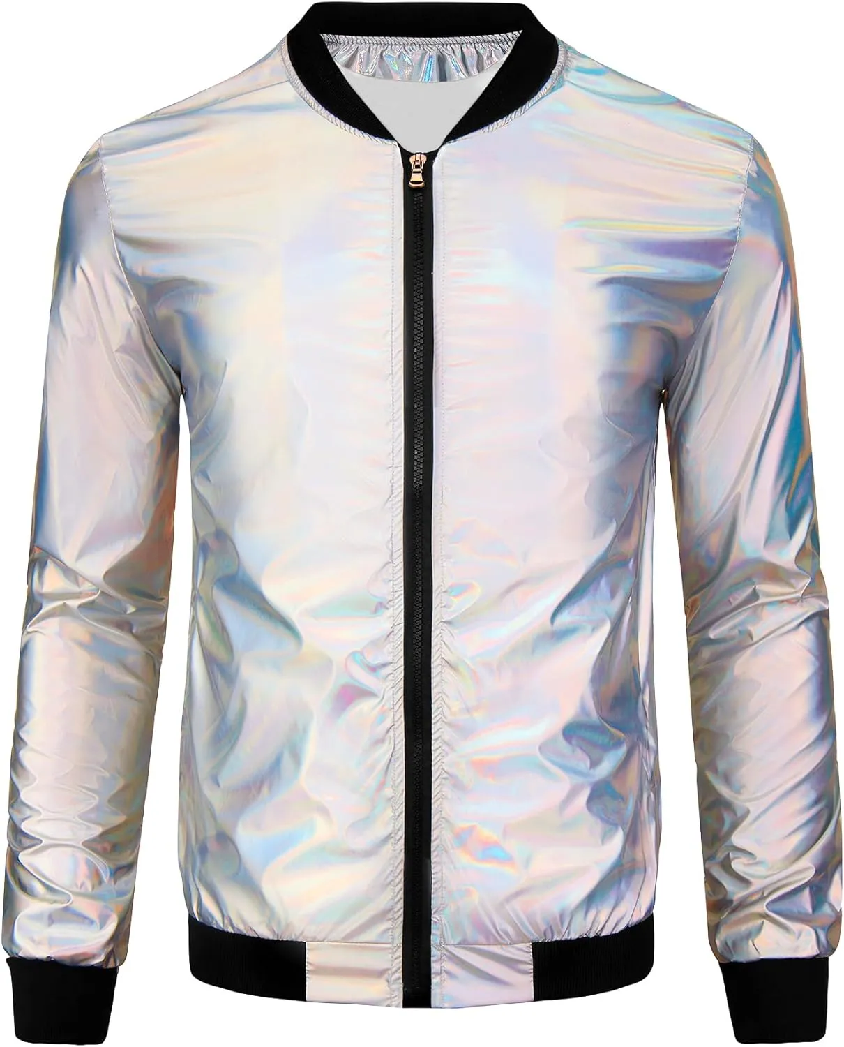 Lars Amadeus Holographic Baseball Jacket for Men's Zipper Disco Bomber Metallic Jacket