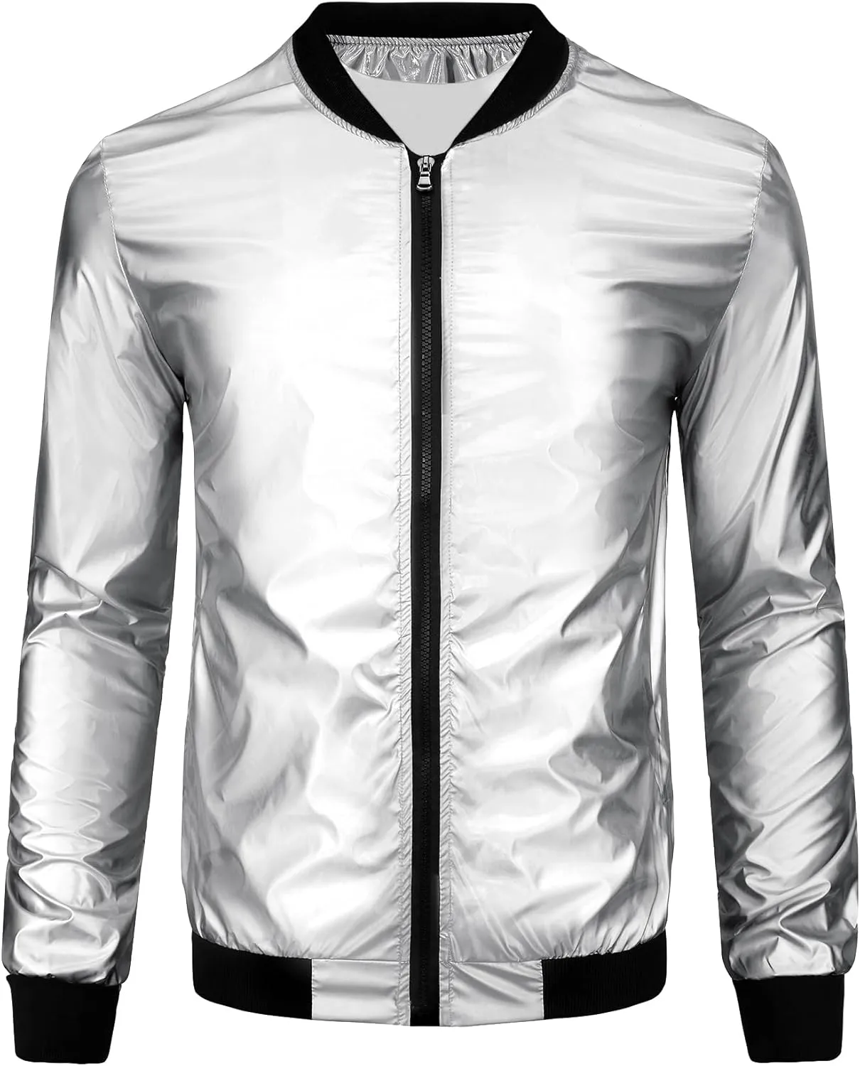 Lars Amadeus Holographic Baseball Jacket for Men's Zipper Disco Bomber Metallic Jacket