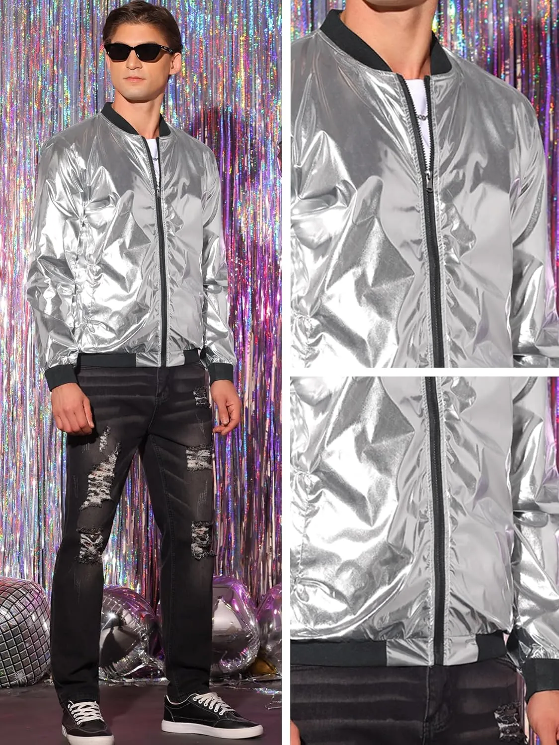 Lars Amadeus Holographic Baseball Jacket for Men's Zipper Disco Bomber Metallic Jacket
