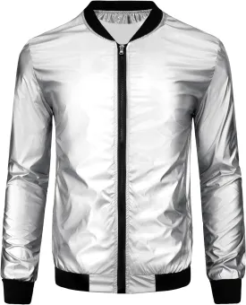 Lars Amadeus Holographic Baseball Jacket for Men's Zipper Disco Bomber Metallic Jacket