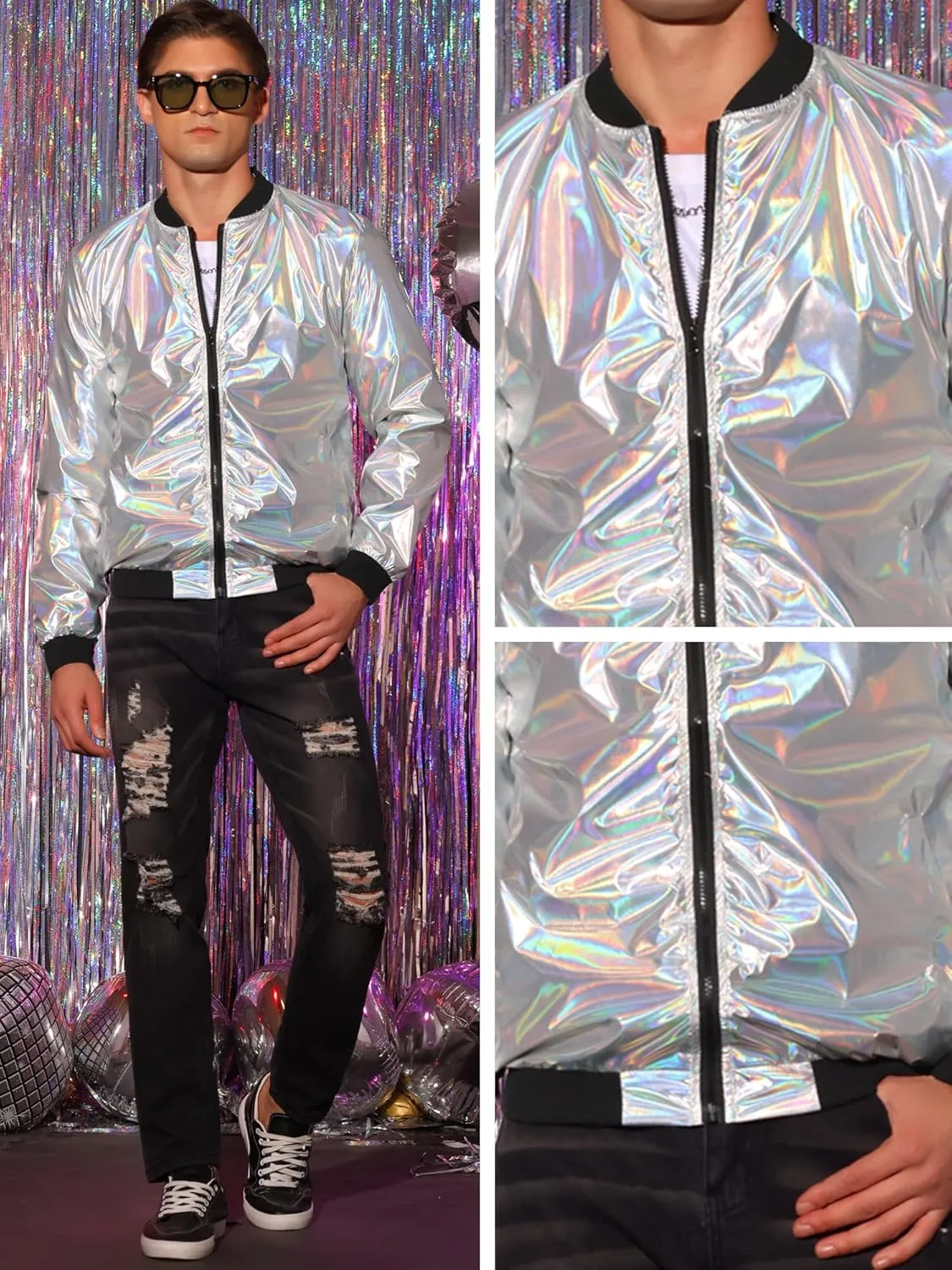 Lars Amadeus Holographic Baseball Jacket for Men's Zipper Disco Bomber Metallic Jacket