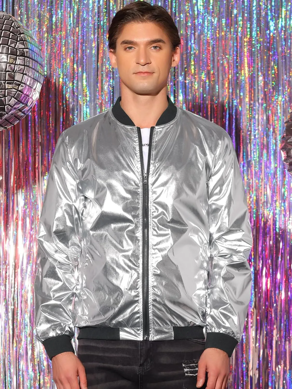 Lars Amadeus Holographic Baseball Jacket for Men's Zipper Disco Bomber Metallic Jacket