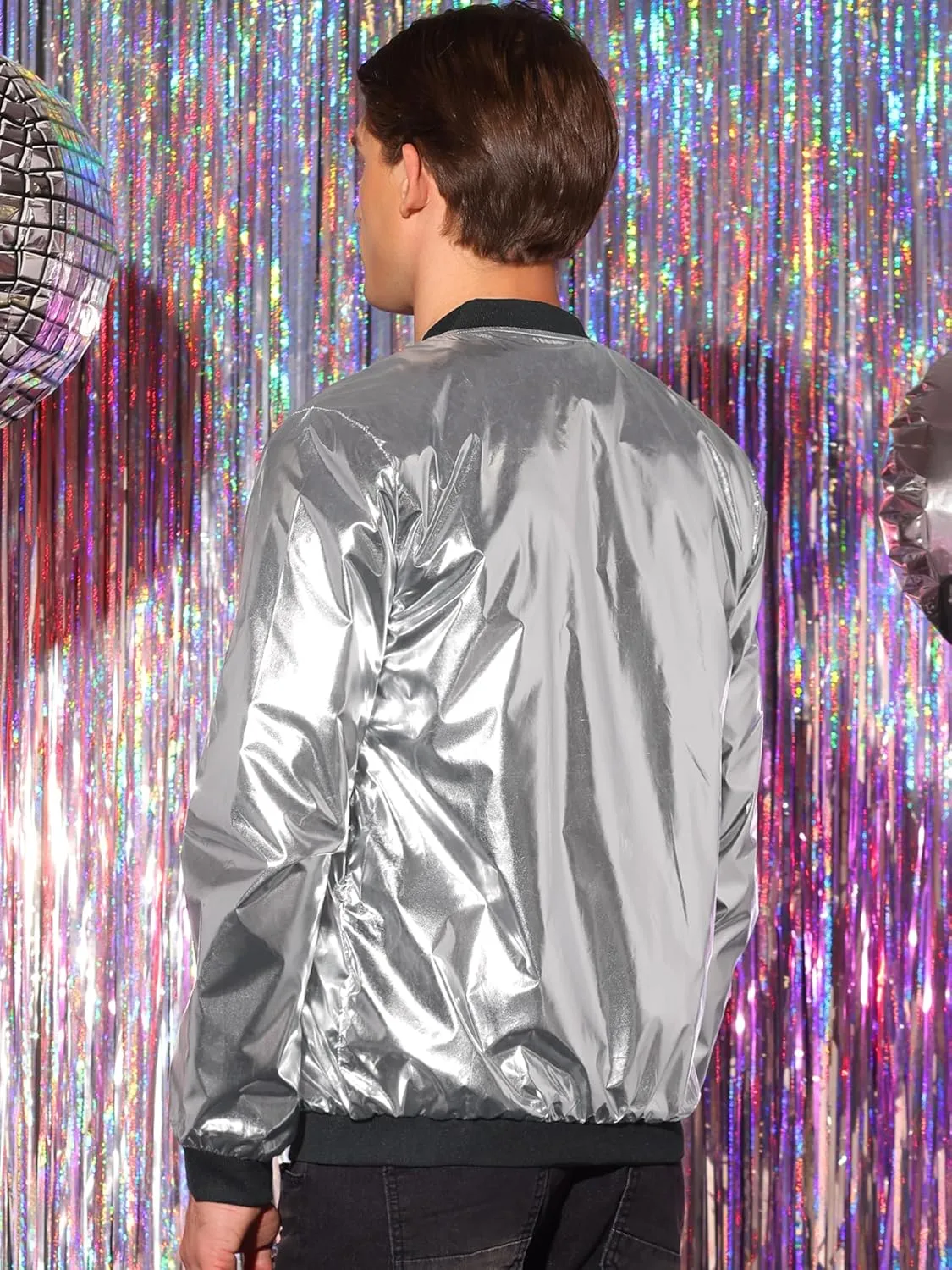 Lars Amadeus Holographic Baseball Jacket for Men's Zipper Disco Bomber Metallic Jacket
