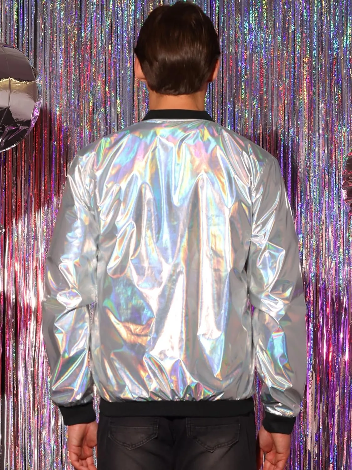 Lars Amadeus Holographic Baseball Jacket for Men's Zipper Disco Bomber Metallic Jacket