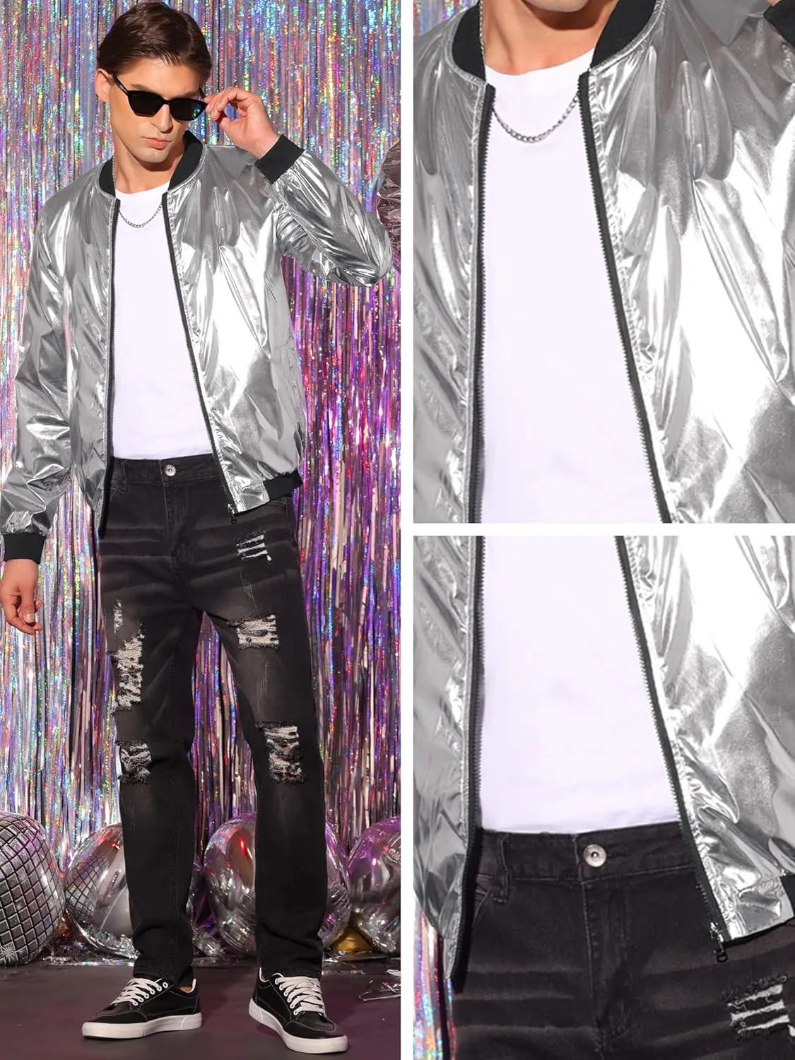 Lars Amadeus Holographic Baseball Jacket for Men's Zipper Disco Bomber Metallic Jacket
