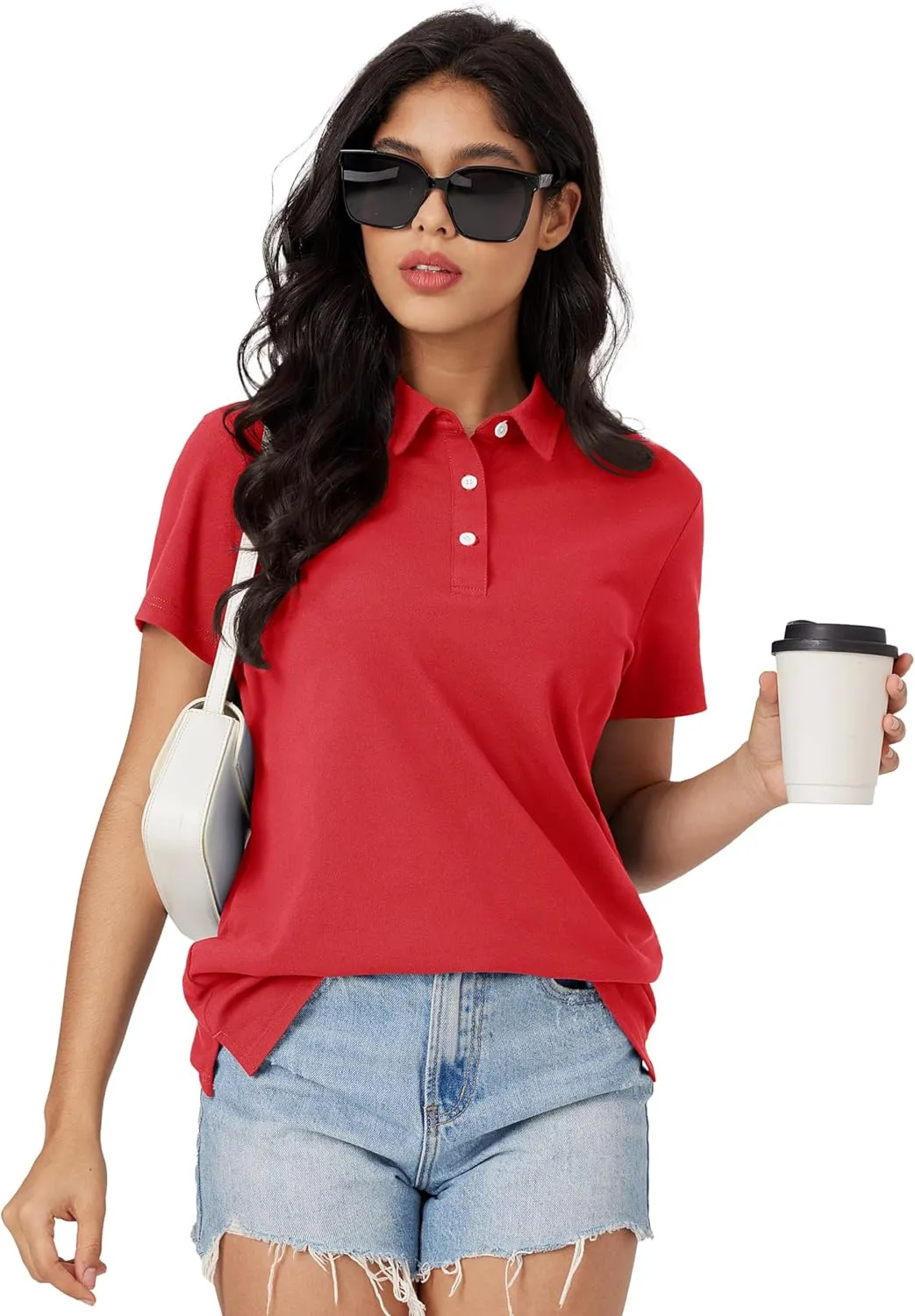 MAGCOMSEN Women's Polo Shirts Moisture Wicking 3 Buttons Short Sleeve Shirt Cotton Cool Casual Tops