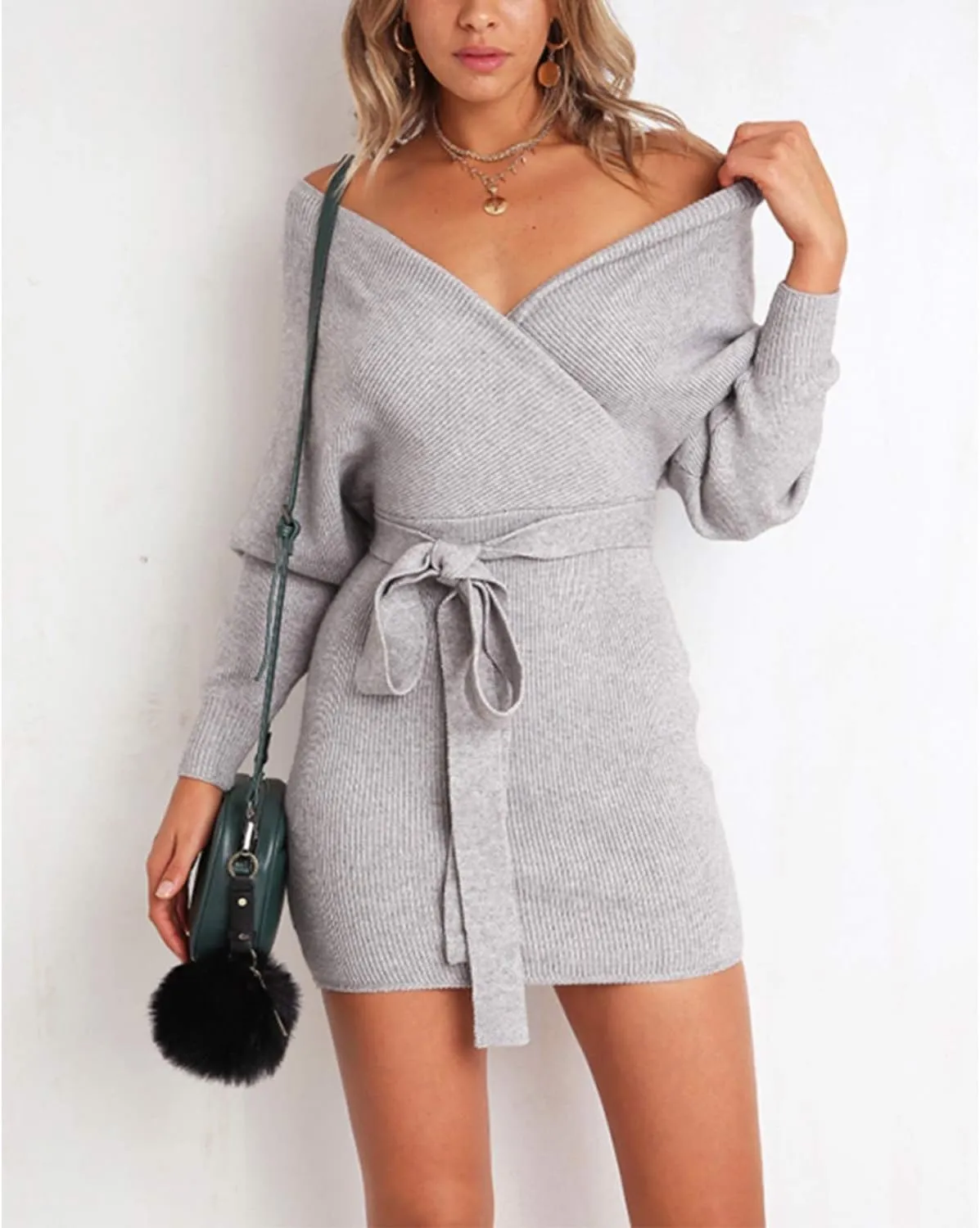 Mansy Women's Sexy Cocktail Batwing Long Sleeve Backless Mock Wrap Knit Sweater Mini Dress