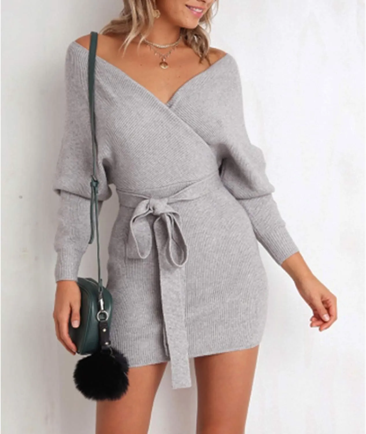 Mansy Women's Sexy Cocktail Batwing Long Sleeve Backless Mock Wrap Knit Sweater Mini Dress