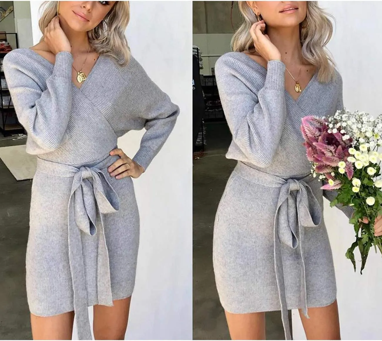 Mansy Women's Sexy Cocktail Batwing Long Sleeve Backless Mock Wrap Knit Sweater Mini Dress