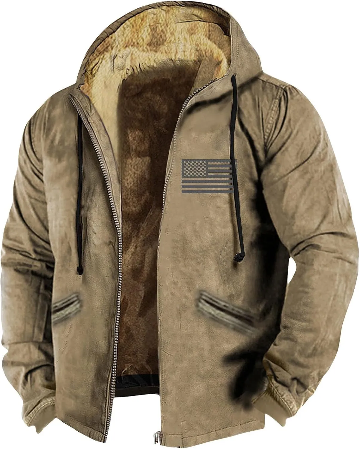 Mens Vintage Fleece Jacket Sherpa Lined Winter Coats Parka Warm Over Outerwear Windproof Casual Hoodies with Pocket