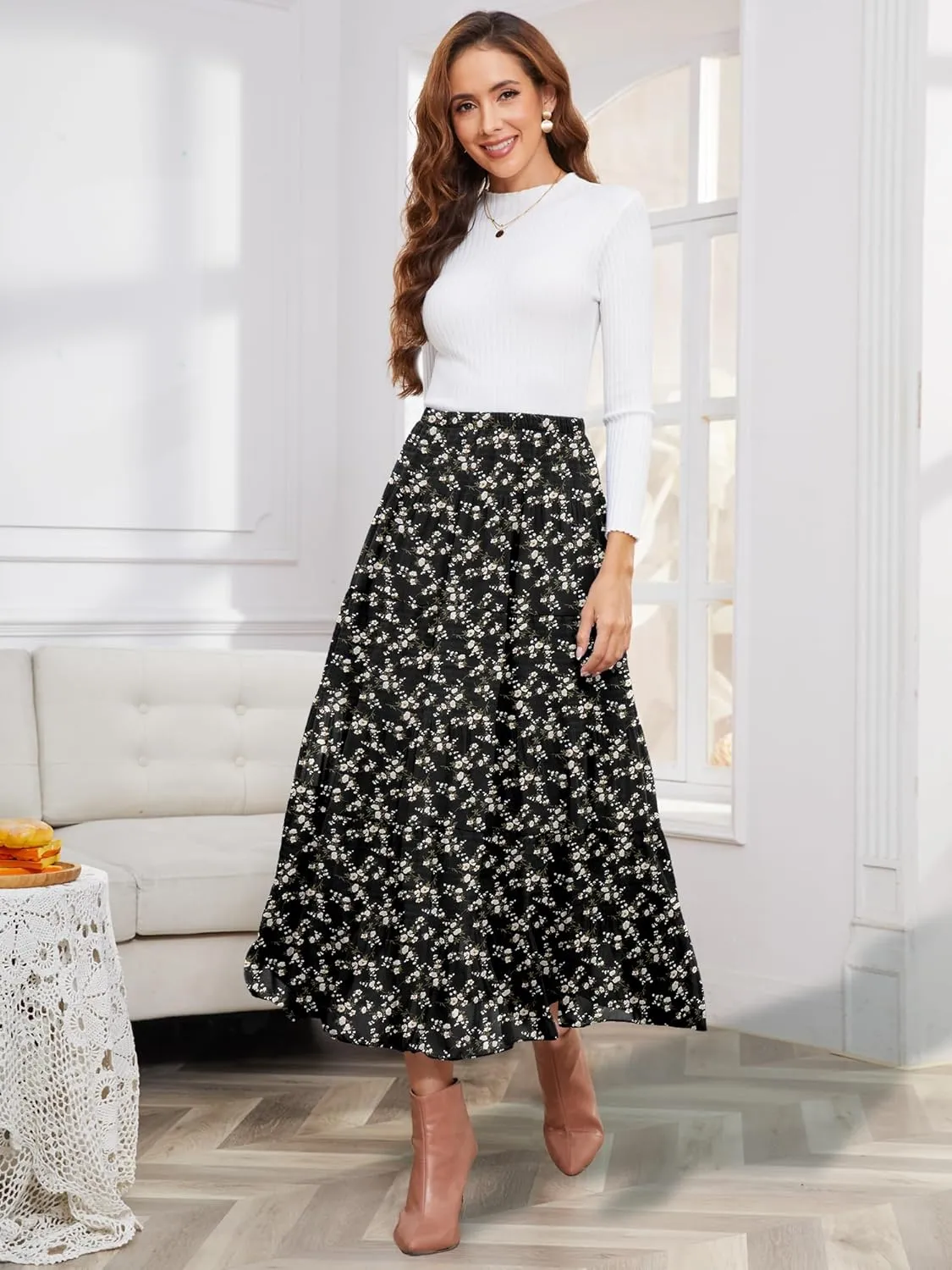 NASHALYLY Women's Chiffon Elastic High Waist Pleated A-Line Flared Maxi Skirts