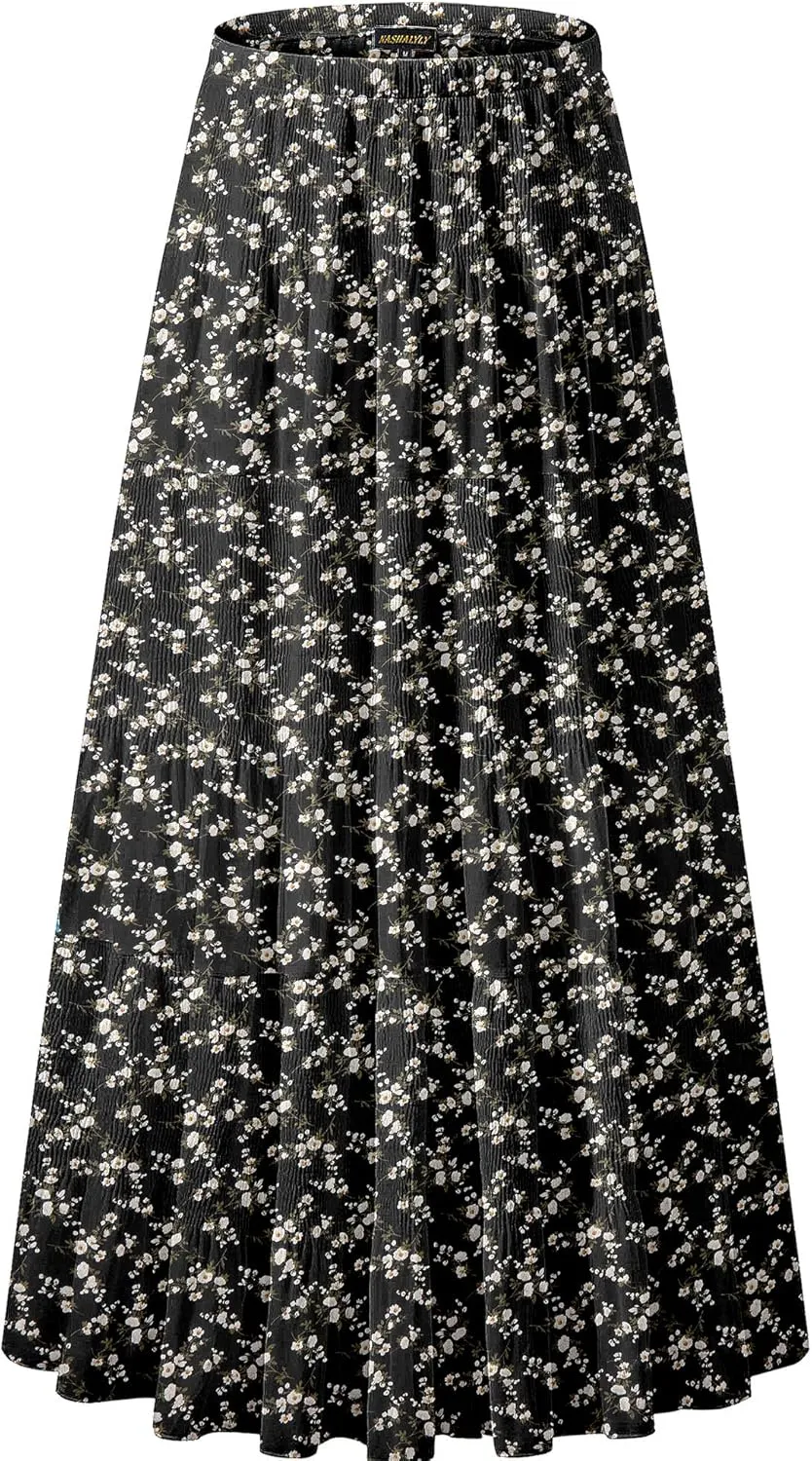 NASHALYLY Women's Chiffon Elastic High Waist Pleated A-Line Flared Maxi Skirts