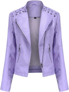 NATHGAM Womens Leather Jacket Long Sleeve Cropped Tops with Zipper Pockets Lightweight Vegan Lapel Biker Jacket Outerwear
