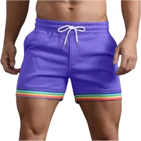 Pride-Shorts Men Summer Solid Color Rainbow Stripe Shorts Pants Pocket Drawstring Casual Loose Sports Gym Running Shorts