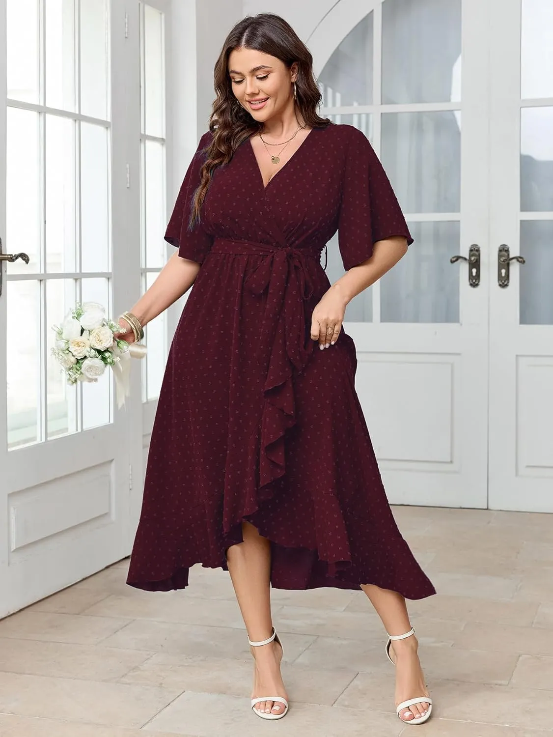 SCOMCHIC Women's Plus Size Summer Dresses Short Sleeve Wrap V Neck Swiss Dot Boho High Low Split Ruffle Maxi Dress