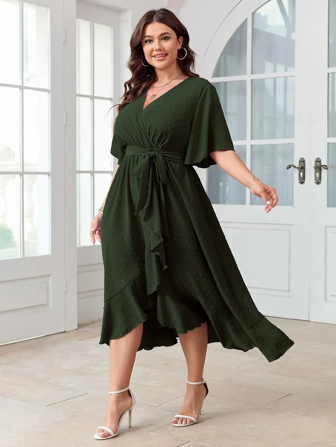 SCOMCHIC Women's Plus Size Summer Dresses Short Sleeve Wrap V Neck Swiss Dot Boho High Low Split Ruffle Maxi Dress