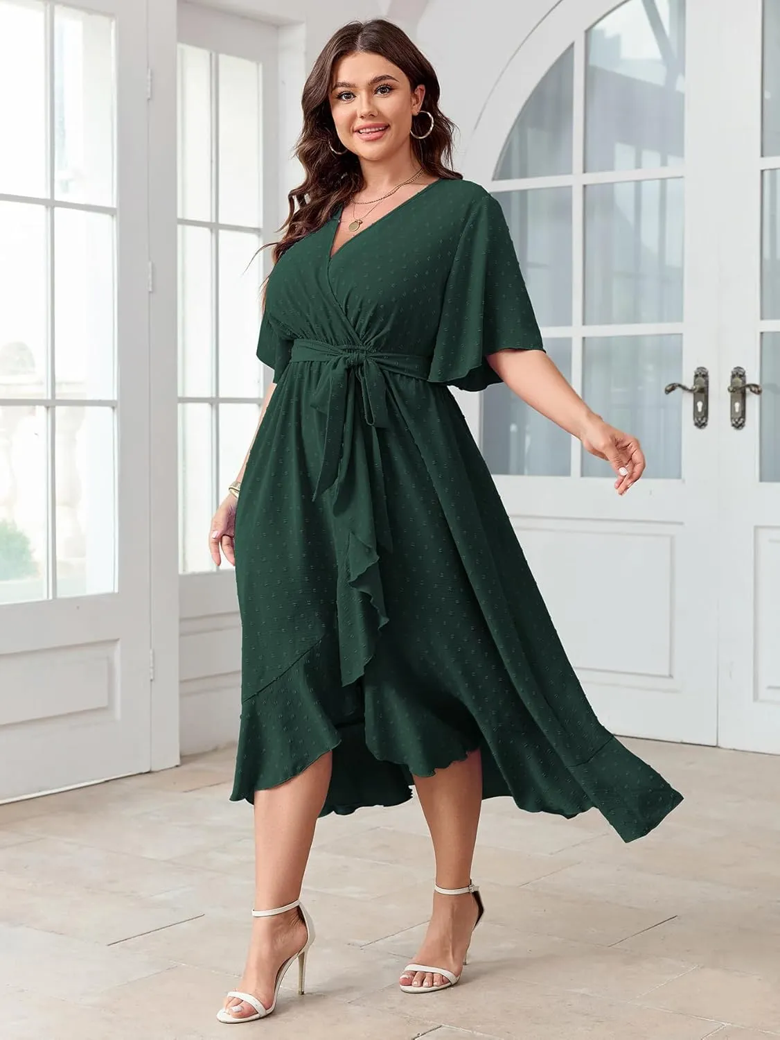 SCOMCHIC Women's Plus Size Summer Dresses Short Sleeve Wrap V Neck Swiss Dot Boho High Low Split Ruffle Maxi Dress