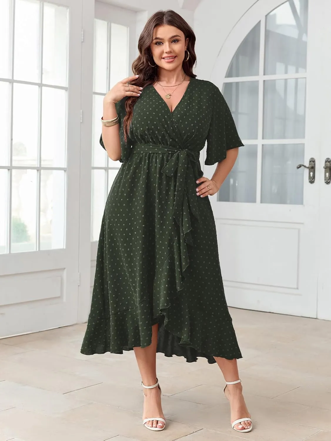 SCOMCHIC Women's Plus Size Summer Dresses Short Sleeve Wrap V Neck Swiss Dot Boho High Low Split Ruffle Maxi Dress