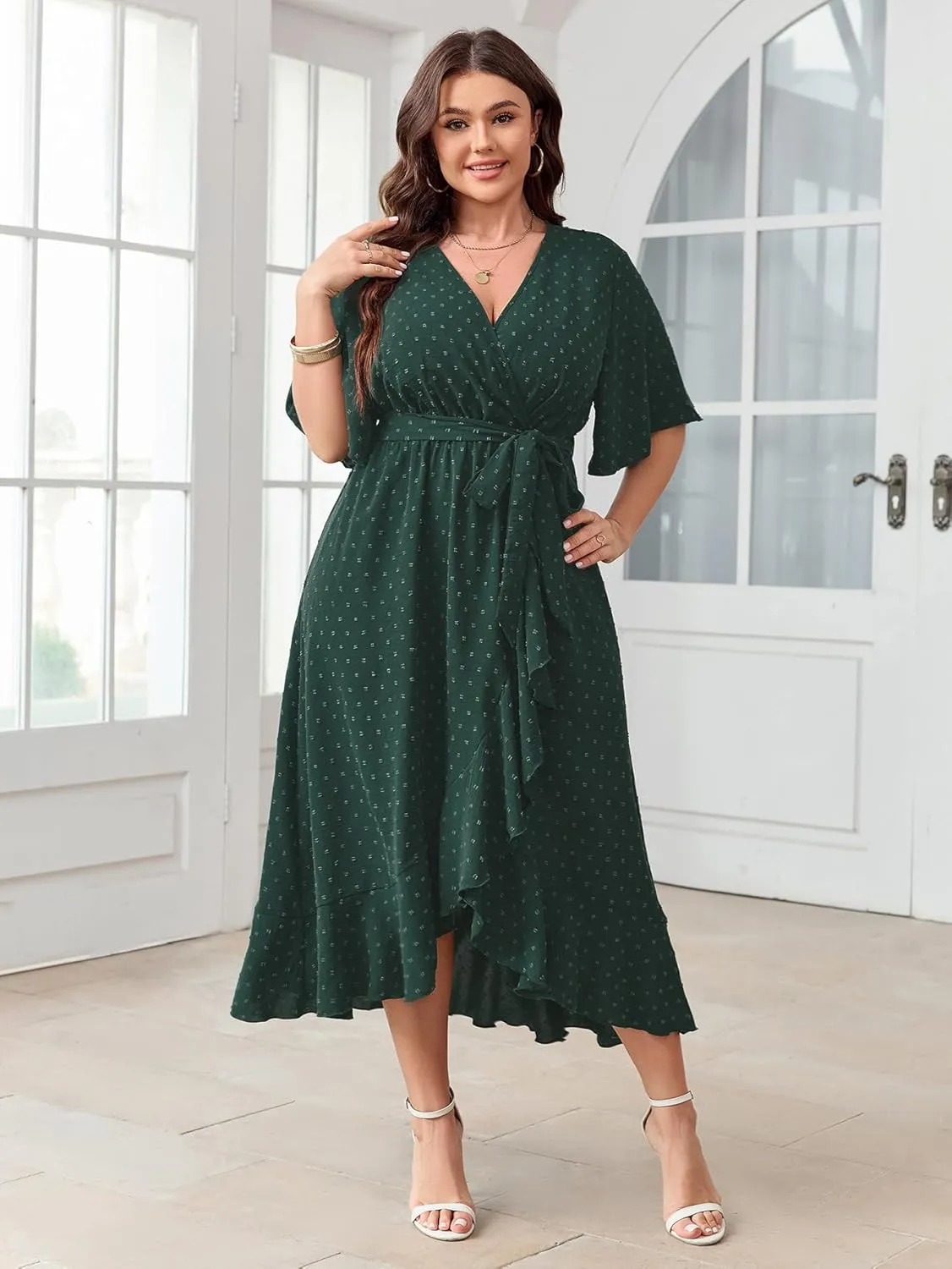 SCOMCHIC Women's Plus Size Summer Dresses Short Sleeve Wrap V Neck Swiss Dot Boho High Low Split Ruffle Maxi Dress