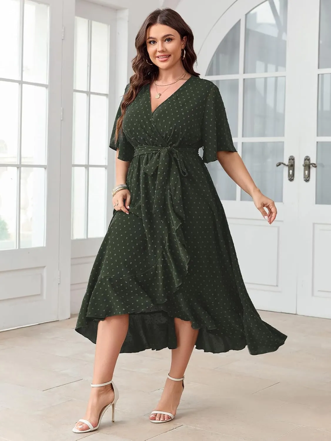 SCOMCHIC Women's Plus Size Summer Dresses Short Sleeve Wrap V Neck Swiss Dot Boho High Low Split Ruffle Maxi Dress