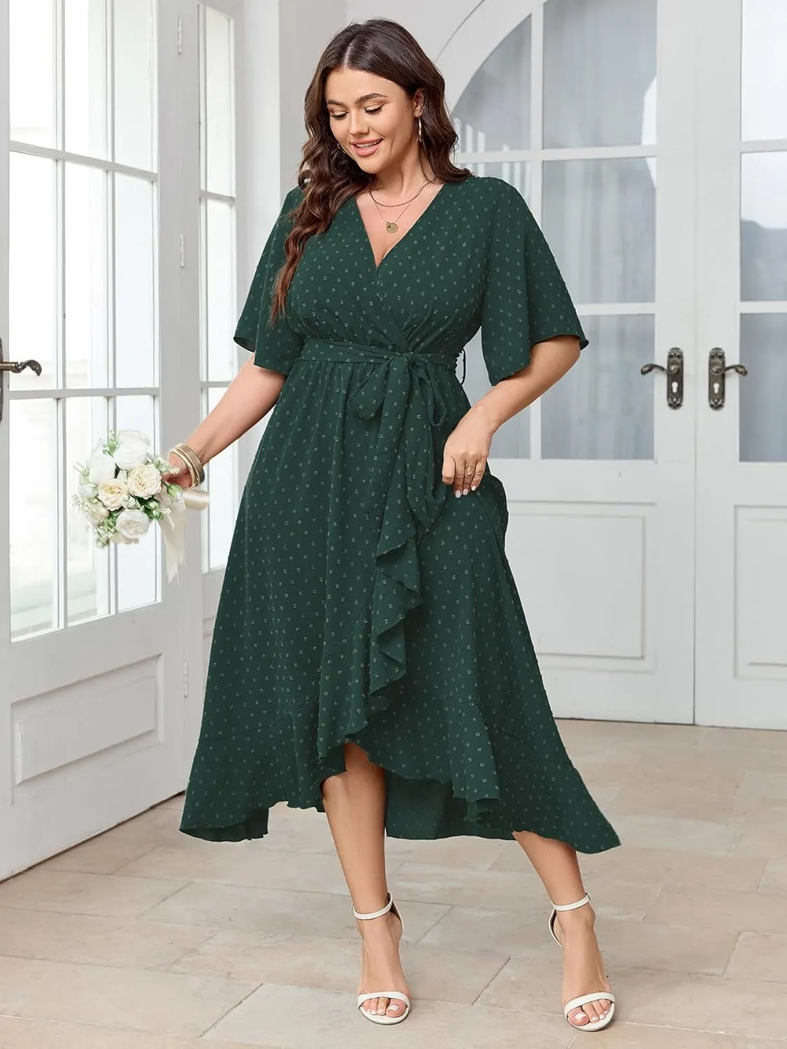 SCOMCHIC Women's Plus Size Summer Dresses Short Sleeve Wrap V Neck Swiss Dot Boho High Low Split Ruffle Maxi Dress
