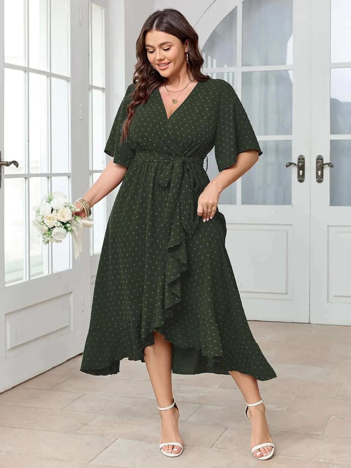 SCOMCHIC Women's Plus Size Summer Dresses Short Sleeve Wrap V Neck Swiss Dot Boho High Low Split Ruffle Maxi Dress