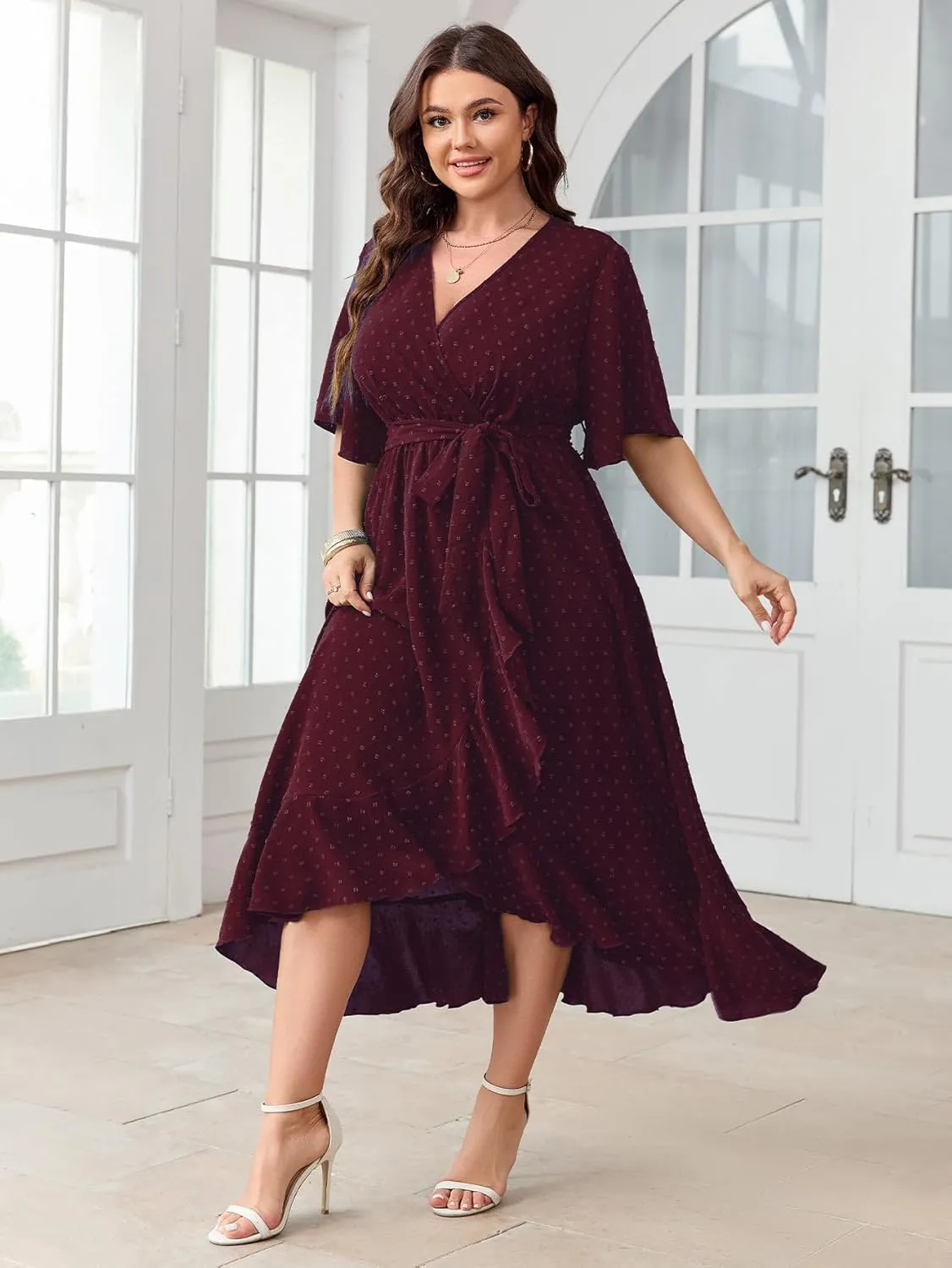 SCOMCHIC Women's Plus Size Summer Dresses Short Sleeve Wrap V Neck Swiss Dot Boho High Low Split Ruffle Maxi Dress