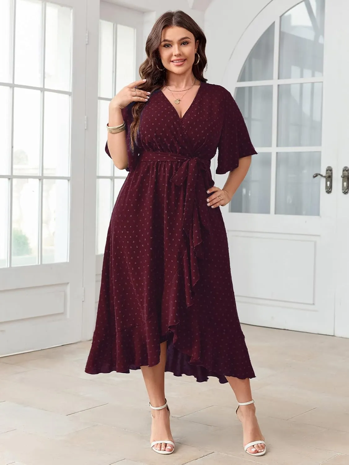 SCOMCHIC Women's Plus Size Summer Dresses Short Sleeve Wrap V Neck Swiss Dot Boho High Low Split Ruffle Maxi Dress