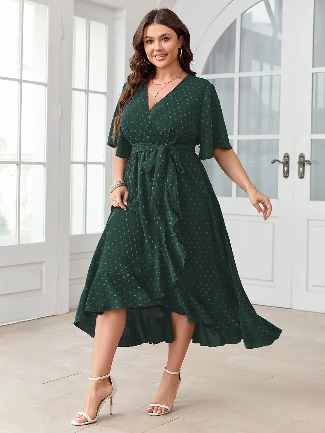 SCOMCHIC Women's Plus Size Summer Dresses Short Sleeve Wrap V Neck Swiss Dot Boho High Low Split Ruffle Maxi Dress