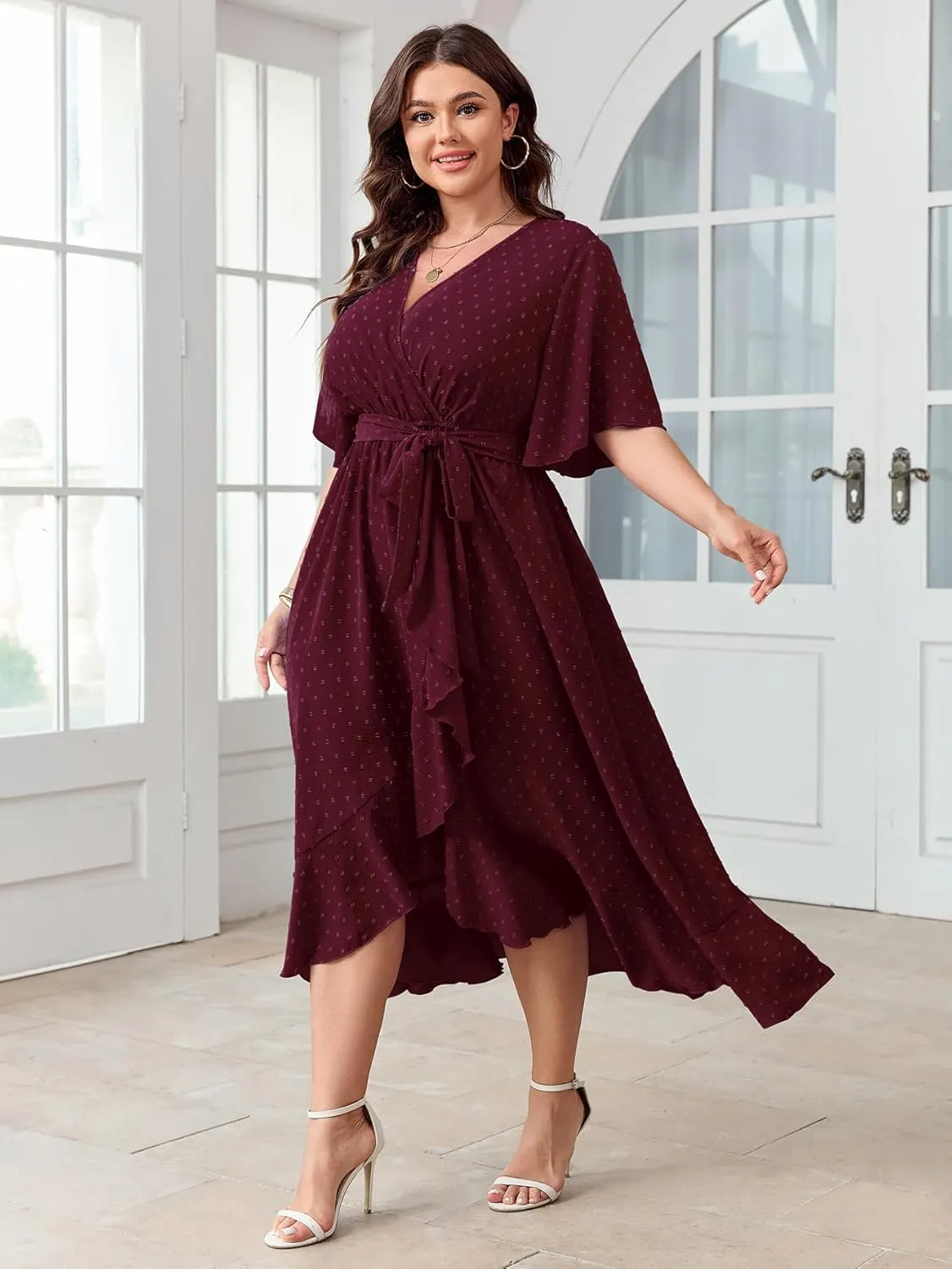 SCOMCHIC Women's Plus Size Summer Dresses Short Sleeve Wrap V Neck Swiss Dot Boho High Low Split Ruffle Maxi Dress