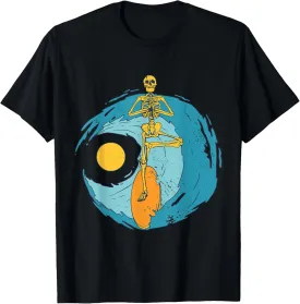 Surfing Skeleton Yoga Pose Halloween Themed Holiday Season T-Shirt