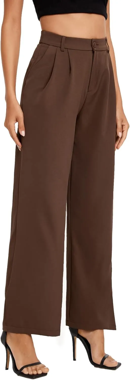 SweatyRocks Women's Casual Wide Leg High Waisted Button Down Straight Long Trousers Pants