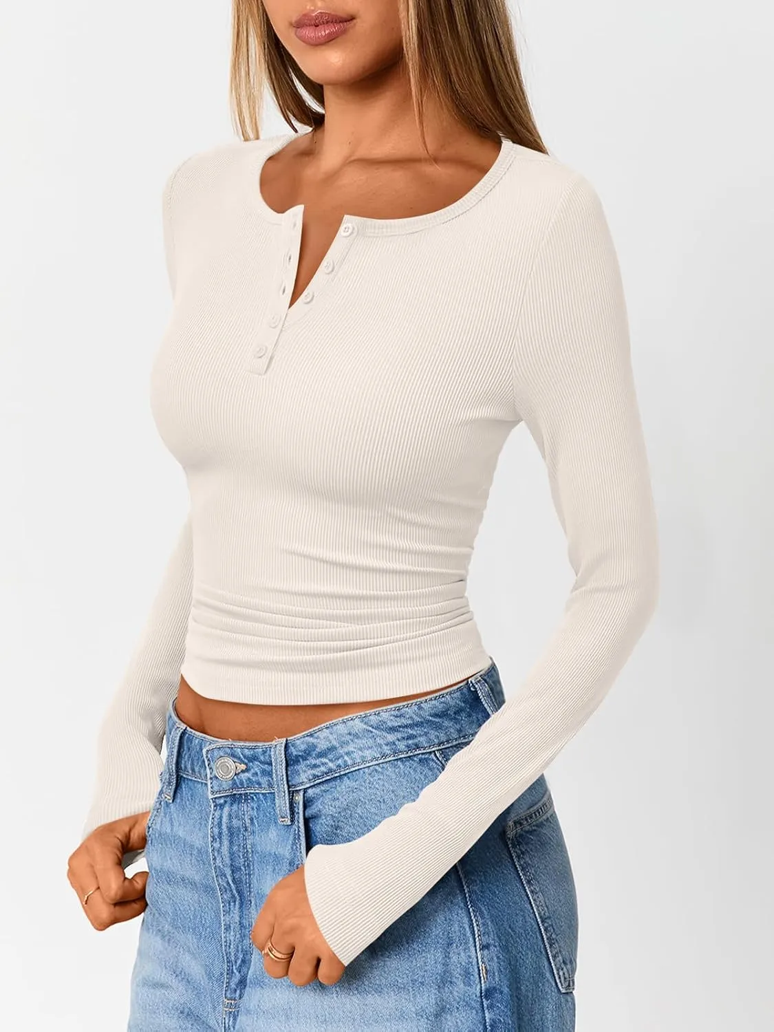 Trendy Queen Womens Long Sleeve Shirts 2025 Henley Casual Cotton Tops Ribbed Cute Basic Tees Tight Fitted Undershirt