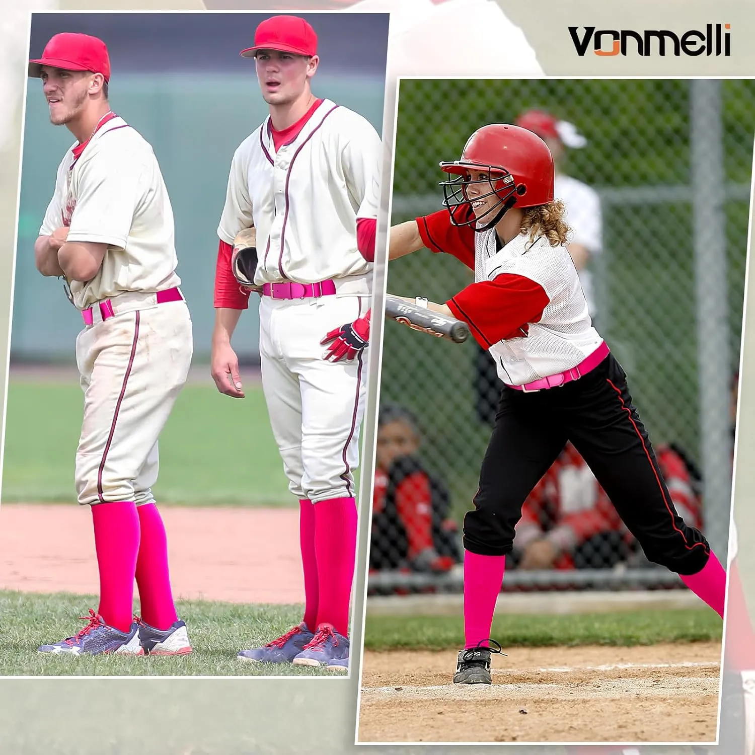 VONMELLI Baseball Socks and Belt Combo Elastic Softball Belt and Socks Adjustable Waist Belt for Boys Youth Adult