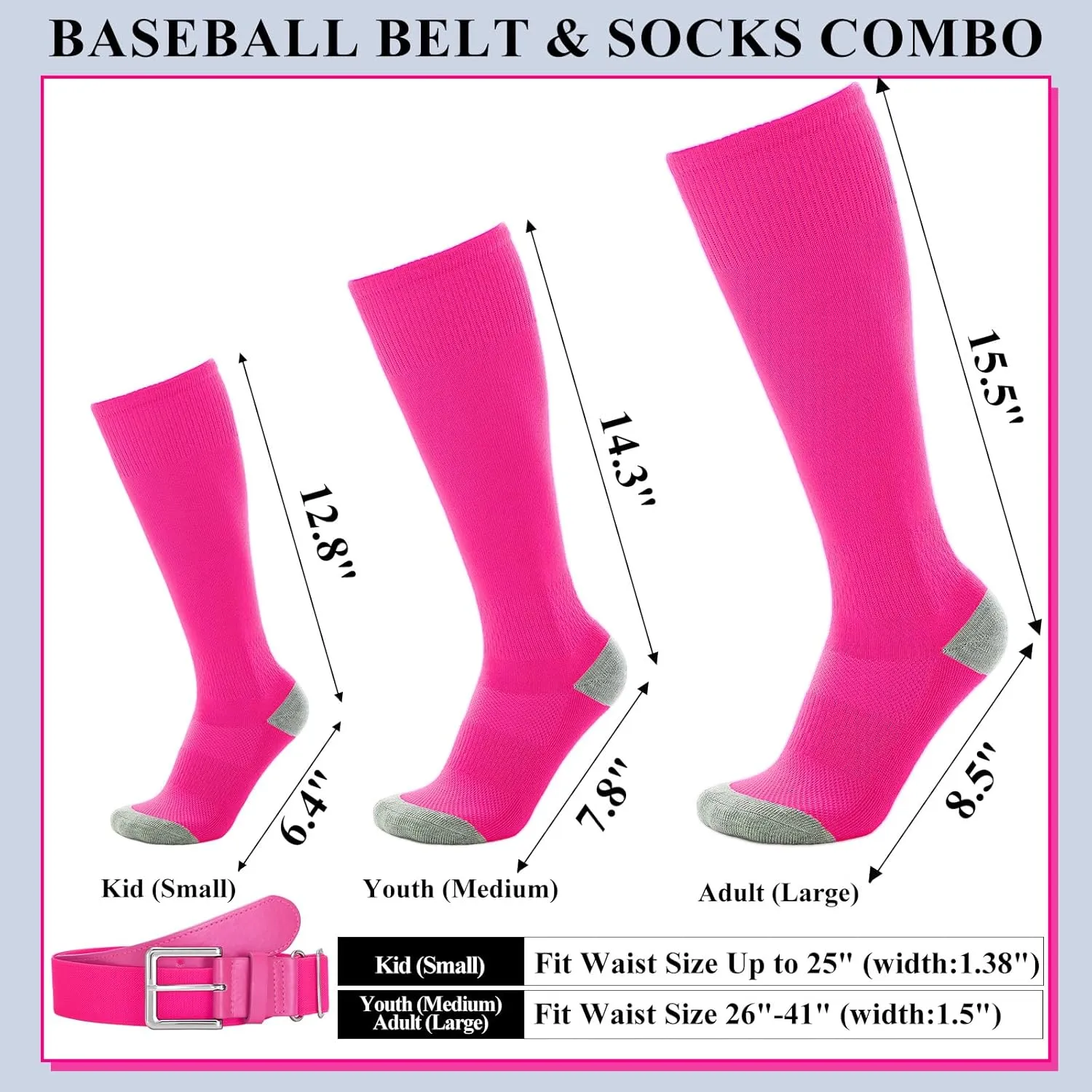 VONMELLI Baseball Socks and Belt Combo Elastic Softball Belt and Socks Adjustable Waist Belt for Boys Youth Adult