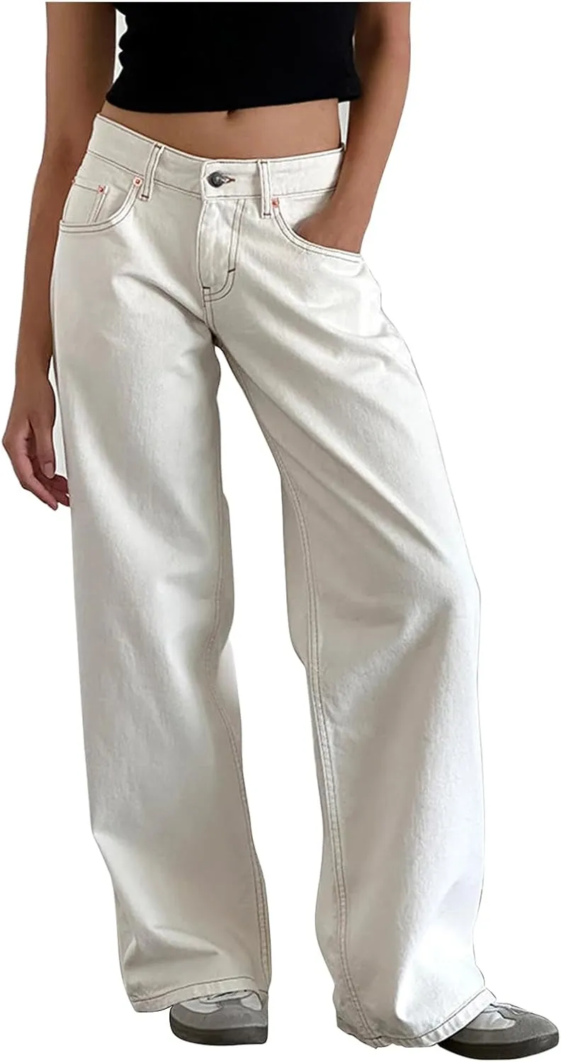 Women Low Waist Baggy Jeans Wide Leg Boyfriend Denim Pants Y2k Casual Vintage Trendy Loose Fit Trousers Streetwear