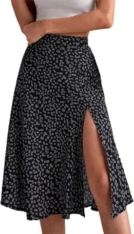 Womens Floral Midi Skirts Summer Print Elastic High Waisted Split Hem Skorts Fashion Flowy Tunic A Line Skirts 2025