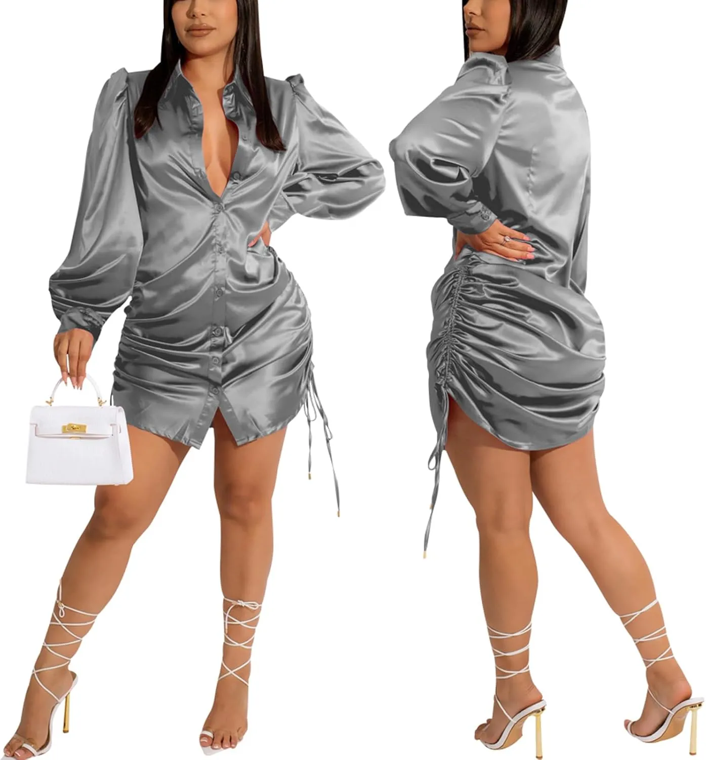 Women's Sexy Button Down Shirts Loose Collar Long Sleeve Ruched Silk Cloth Night Out Club Mini Wrap Dress Drawstring