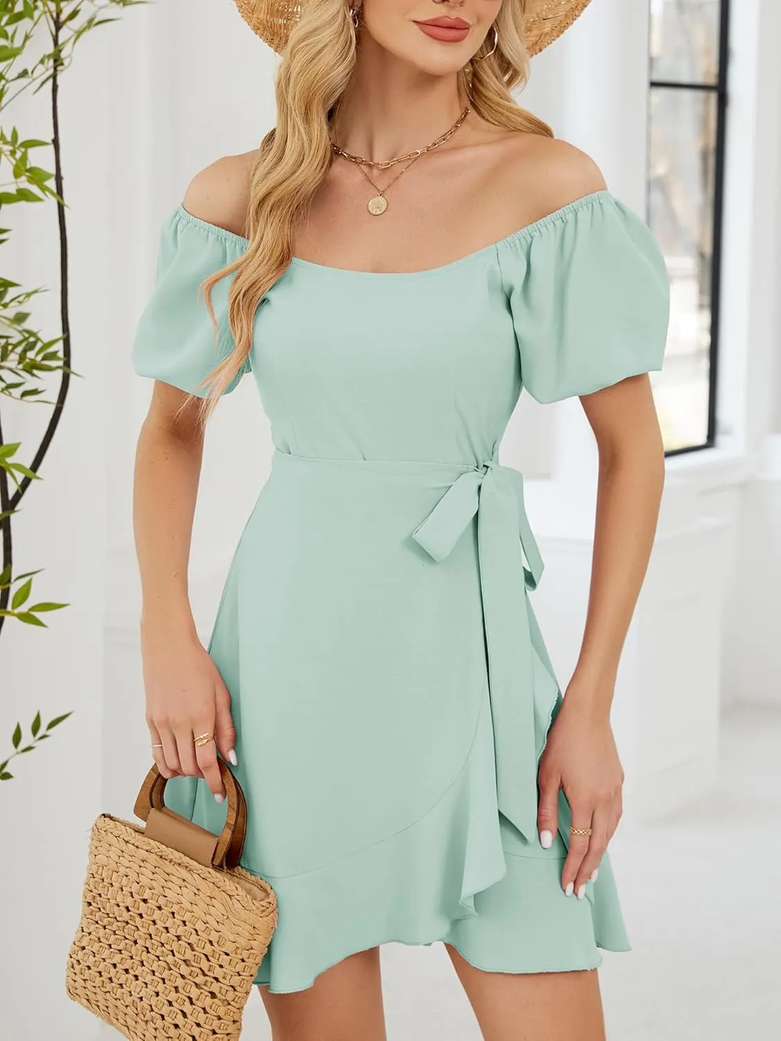 Women's Summer Dresses Puffed Sleeve Round Neck Short Waist Wedding Guest Dresses 2025