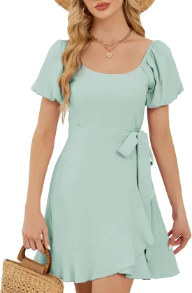 Women's Summer Dresses Puffed Sleeve Round Neck Short Waist Wedding Guest Dresses 2025