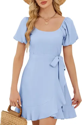 Women's Summer Dresses Puffed Sleeve Round Neck Short Waist Wedding Guest Dresses 2025
