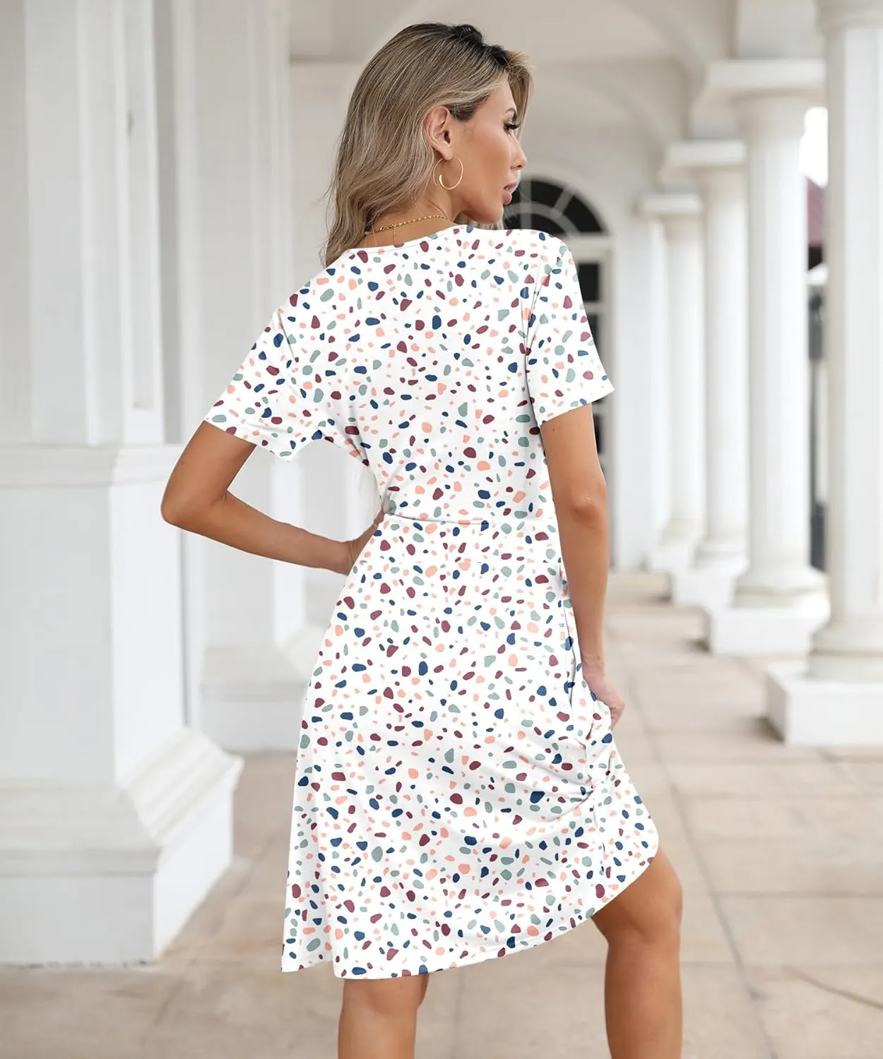 Women's Summer Short Sleeve Casual Wrap Dresses V-Neck with Pockets Elastic Waist Flowy Midi Beach Dress