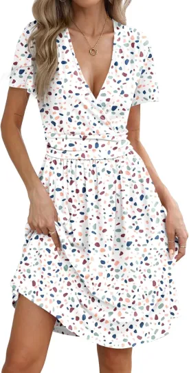 Women's Summer Short Sleeve Casual Wrap Dresses V-Neck with Pockets Elastic Waist Flowy Midi Beach Dress