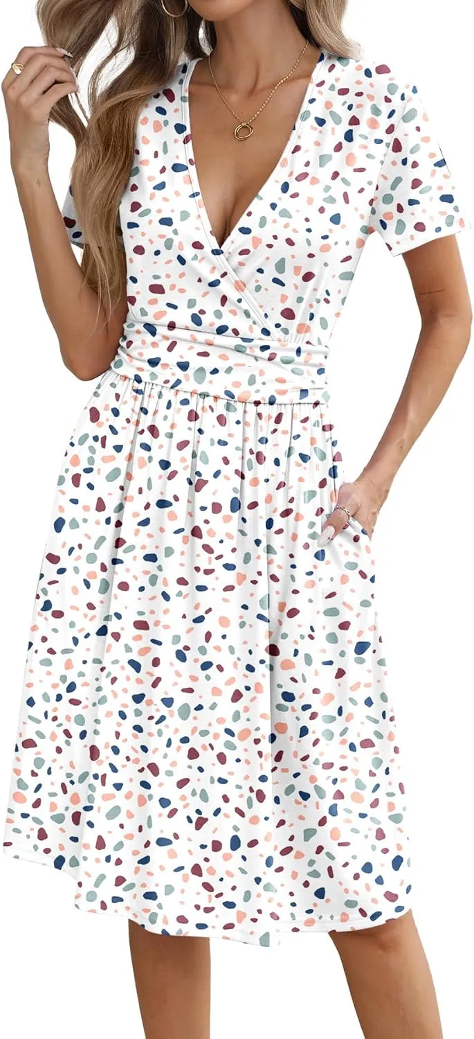 Women's Summer Short Sleeve Casual Wrap Dresses V-Neck with Pockets Elastic Waist Flowy Midi Beach Dress