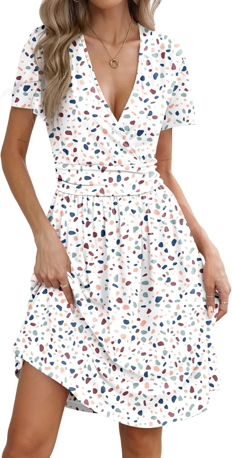 Women's Summer Short Sleeve Casual Wrap Dresses V-Neck with Pockets Elastic Waist Flowy Midi Beach Dress