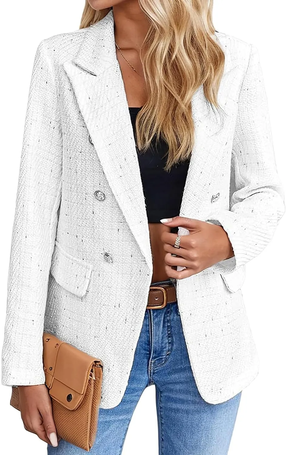 Women's Tweed Blazer Double Breasted Open Front Long Sleeve Tweed Plaid Suit Jackets Blazers for Work Casual