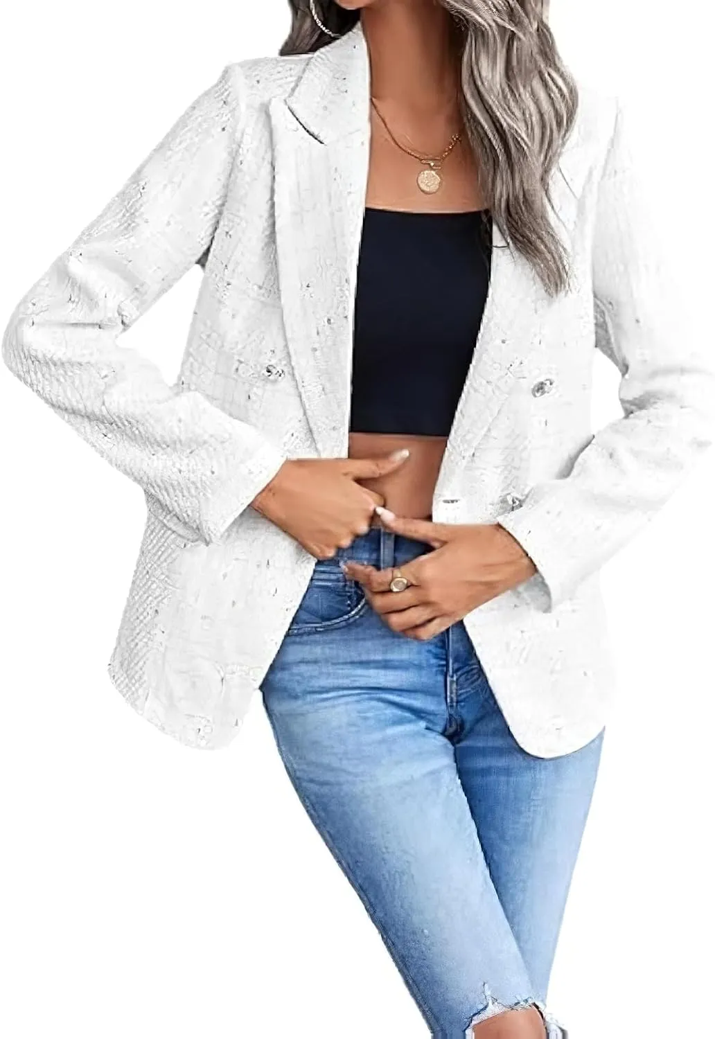 Women's Tweed Blazer Double Breasted Open Front Long Sleeve Tweed Plaid Suit Jackets Blazers for Work Casual