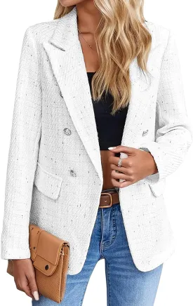 Women's Tweed Blazer Double Breasted Open Front Long Sleeve Tweed Plaid Suit Jackets Blazers for Work Casual
