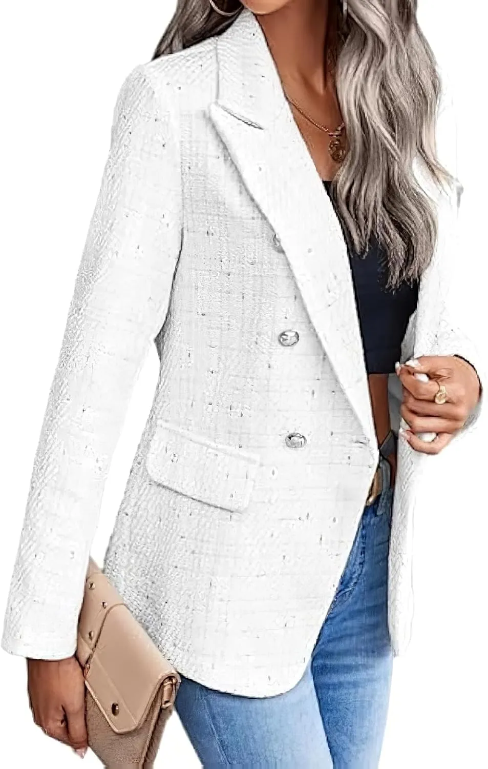 Women's Tweed Blazer Double Breasted Open Front Long Sleeve Tweed Plaid Suit Jackets Blazers for Work Casual